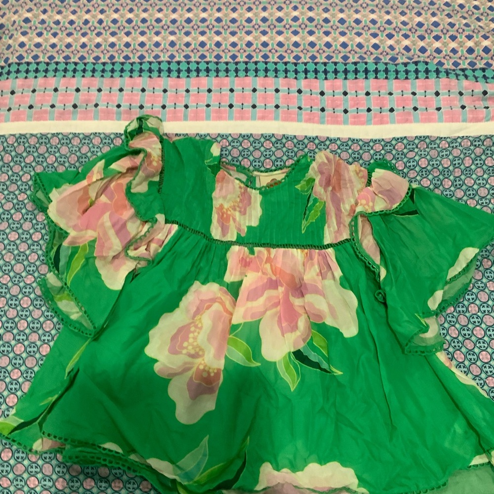 Farm Rio Green Floral Top with Pink Accents